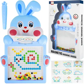 MalPlay Magnettafel Kinder Zaubertafel mit Perlen, Hasenpuzzle, 20x Schablonen, Maltafel für Kinder ab 3 Jahren, Blau