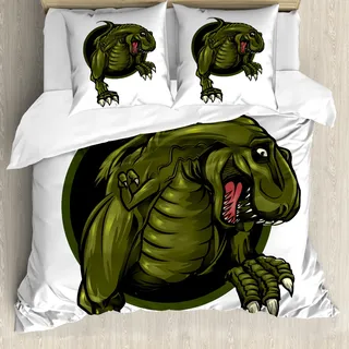 ABAKUHAUS Jurassic Bettbezug, T-rex Tier, Milbensicher Allergiker geeignet mit Kissenbezügen, 155 cm x 220 cm - 80 x 80 cm, Olivgrün Braun - Grün