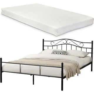 Metallbett mit Matratze 160x200cm Schwarz Bett Bettgestell Doppelbett [en.casa] - Schwarz