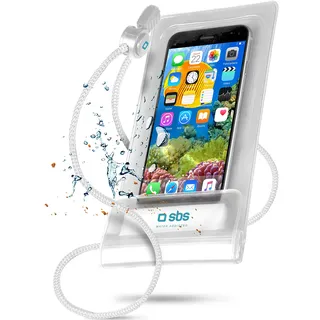 SBS Wasserdichtes Etui für Smartphones iPhone, Samsung, Oppo, Xiaomi, Huawei bis 6,5", transparentes Touchfenster, Umhängeband, IPX6, weiß