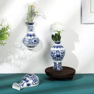 qinyoung Set mit 3 kleinen blauen und weißen Chinoiserie-Vasen, Wandmontage, dekorative Keramik-Blumenvasen, 13 cm, 14 cm, Klassische Vase für Heimdekoration