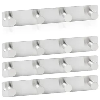 RICOO 4 x Wandgarderobe Metall Garderobenhaken MH025S-4x4 Hakenleiste 4 Edelstahl Haken zum Einhängen Garderobenhakenleiste Kleiderhaken Wand Handtuchhaken zum Bohren Garderobenleiste Metallhaken