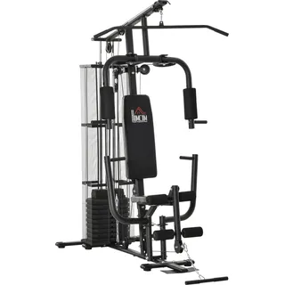 HOMCOM Gym Kraftstation mit Stahlnetz Fitnessstation Multigym Fitnesscenter Fitnessgerät inkl. 45 kg Gewichten Latzug Beincurl Metall Kunstleder - Schwarz