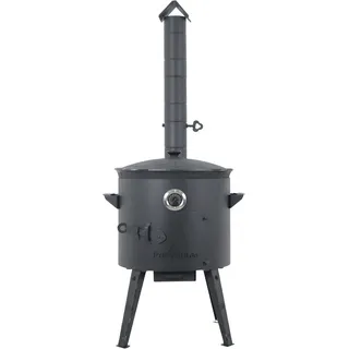 Utschak Feuerofen Ø 40 cm mit Thermometer & Gusseisen Topf 12 L, Ø 42,5 cm | Kazan-Set mit Deckel | Учаг Outdoor Feuerschale & Gulaschkanone | Usbekischer Kochtopf aus Gusseisen, Gartenküche