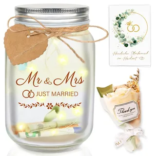 TUZELIYA Hochzeitsgeschenke für Brautpaar - LED Flaschenlicht Geldgeschenke Hochzeit Verpackung mit Trockenblumen und Hochzeitskarte - Just Married Hochzeit Spardose Hochzeitsgeschenk