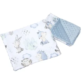 Medi Partners Babydecke Krabbeldecke mit Kissen 100% Baumwolle Minky Kinderdecke 55x75 + 35x30cm multifunktional für Kinderwagen Babyschale Wiege (Hirsch und Igel mit hellblauem Minky)