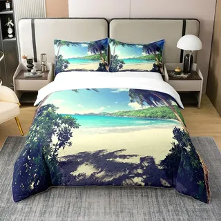 Loussiesd Hawaiian Strand Bettwäsche Set 135x200cm 100% Baumwolle Ozean Meer Bedruckte Betten Set Für Kinder Kleinkind Tropische Palme Bettbezug Set Sommerferien Schlafzimmer Dekor Bettwäsche 2St