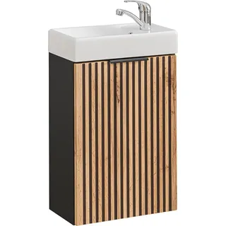 Waschbeckenunterschrank mit Waschbecken Gäste WC XANTEN-56 in anthrazit mit Eiche Nb. schwarz gerillt, B/H/T: ca. 41/66/22 cm - Braun