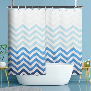 YISURE Duschvorhang Stoff Textil extrabreiter 300x200, Waschbar Farbverlauf von Blau zu Weiß Chevron Badewannenvorhang für Badezimmer und Badewanne, Perfekt als Raumteiler, Breite 300 x Höhe 200cm