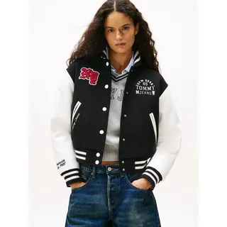 Collegejacke TOMMY JEANS "TJW WOOL VARSITY JACKET", Damen, Gr. XL (42), schwarz, Web, Obermaterial: 70% Polyester, 30% Wolle, Colorblocking, bestickt, regular fit, Rippbündchen, Jacken Collegejacke, mit Wolle