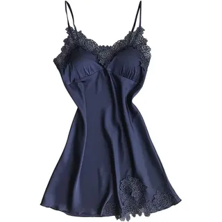 Generisch Damen Pyjama Sommer Satin Nachthemd Kurz Sexy Babydoll V Ausschnitt Spitze Nachtkleid Seide Slip Negligee Nachtwäsche
