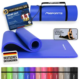 MSPORTS Gymnastikmatte Premium – rutschfeste Fitness-, Pilates- & Yogamatte | Hautfreundlich - inkl. Tragegurt, Übungsposter & Workout-App - 190 x 60 x 1,5 cm - Königsblau