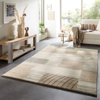 Wollteppich THEKO "Nakarta 2", beige, B:140cm H:12mm L:200cm, Schurwolle, Teppiche, Wollteppich, reine Wolle, handgeknüpft, Naturtöne, Patchworkdesign, meliert