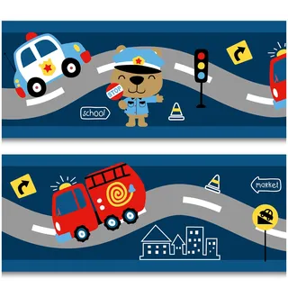Bordüre 15cm x 200cm für Kinderzimmer Babyzimmer Dekor Aufkleber Wandbordüre selbstklebend Wandtattoo für Kinder Mädchen Junge Y033 (Feuerwehr/Polizei)