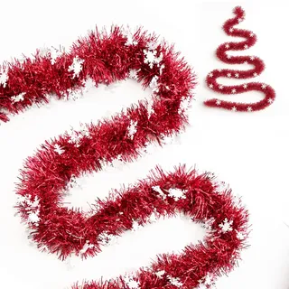 G2PLUS 10M Weihnachtsbaum Girlande Glitzer: 9cm Weihnachtsgirlande Lametta mit Schneeflocke, Rot und Weiß Weihnachten Deko Girlande für Weihnachten, Weihnachtsbaum Dekorieren
