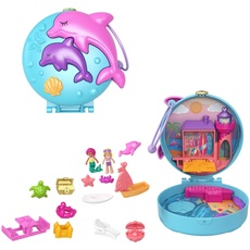 Polly Pocket GTN20 - Delfinstrand Schatulle, 2 kleine Puppen, 5 Überraschungen, 13 Zubehörteile, Pop + Swap-Funktion, Spielzeug ab 4 Jahren