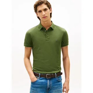Poloshirt TOMMY HILFIGER "1985 SLIM POLO", Herren, Gr. M, mountain pine, Piqué, Obermaterial: 96% Baumwolle, 4% Elasthan, Shirts Poloshirt, Markenstickerei, aus Baumwoll-Piqué