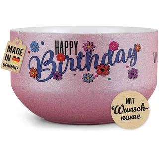 Print Royal PR Glitzer Müslischale mit Name selbst gestalten - Happy Birthday - Schüssel bedrucken - Personalisiertes Geschenk zum Geburtstag - Keramik, Pink 500 ml