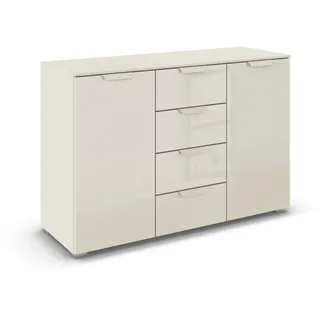 Rauch Möbel Aditio, Kommode für Schlafzimmer, Wohnzimmer, Kinderzimmer, Flur, 2-türig, Glasfront, 4 Schubladen, Soft-Close-Funktion, Sideboard im modernen Look, Farbe Front Glas Beige, Breite 120 cm