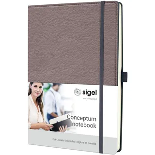 Sigel CO690 Notizbuch A4 dotted, Leder-Look, taupe, Hardcover, 194 Seiten, nachhaltiges Papier, Inhaltsverzeichnis Stiftschlaufe Falttasche Gummibandverschluss, Conceptum