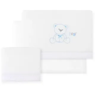INTERBABY · Fleece-Plüsch-Bettlaken-Set für Babybett "Oso Lazo" weiß blau · 100% Baumwolle · 3- Teilig Winter -Bettwäsche-Set für Babywiege
