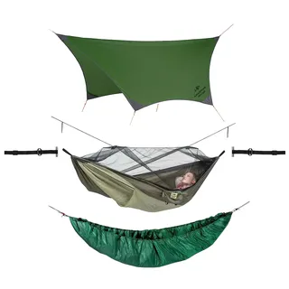 AMAZONAS Ultralight Outdoor Hammock Set | Hängematten Set aus: Moskito Traveller Thermo, Traveller Tarp, T-Strap & Underquilt | bis 200kg | ideal für Trekker Bushcrafter Abenteurer Wildnis Camping