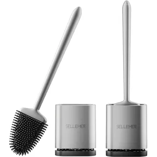 Sellemer WC Bürste, 2 Stück Wand/Fuß Montierte Klobürste, Klobürsten Silikon mit Schnell Trocknendem Halter, Flexible Silikon Toilettenbürste für Toilette(Silber)