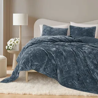 Shalala Samt-Bettdecke, King-Size-Bettwäsche-Sets, leichte Bettdecken, wendbar, luxuriöse Diamant-Steppdecke, Tagesdecke mit weicher, gebürsteter Mikrofaser-Rückseite für alle Jahreszeiten (Regenblau)