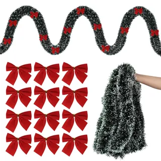 Weihnachtsgirlande Tannengirlande 10M, Girlande Weihnachten Dunkelgrün mit 24 Roten Schleifen, Künstliche Tannengirlande mit Schnee für Outdoor Indoor Treppen Kamin Weihnachtsdeko