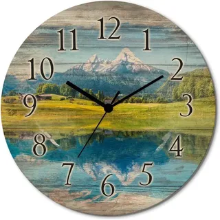 ARTland Holz Wanduhr Funkuhr - schwarzer Zeiger Landschaft in den Alpen Größe: 30x30 cm - Blau