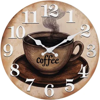Küchenuhr Wanduhr mit Kaffee Motiv Retro Vintage Lautlos Hartglas Wanduhren für Küche, Cafe, Kaffeebar Deko – 30cm, Braun