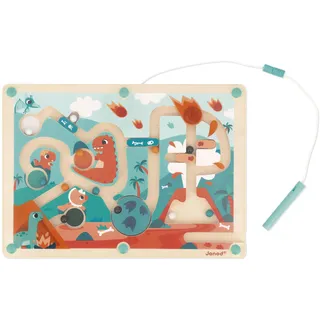 Janod – Magnetisches Labyrinth mit Holzkugeln Dino – 12 Magnetkugeln + Magnetstift – Förderung der Feinmotorik und Konzentration – Format: 18 x 25 cm – Ab 2 Jahren