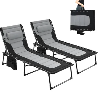 Clevich XXL Liegestuhl klappbar 2er Set, 199×66 cm Übergroße Sonnenliege mit 5-Fach Verstellbarer Rückenlehne, Gartenliege mit Kopfkissen & Seitentasche, Campingliege bis 150 kg für Garten, Pool