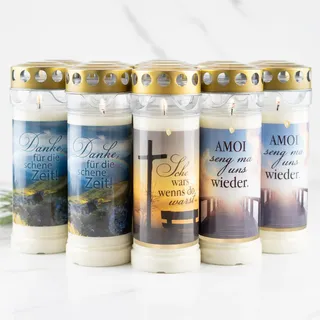 12er Set HOFER GRABKERZEN 7 Tage Brenndauer - Das Original [Mundart Select] Trauerkerzen mit Deckel | Grablicht, Friedhofskerze mit Motiv und Spruch | Kerzen für Grabdeko und Grabschmuck