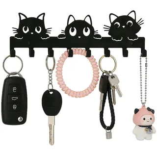 Holz Hübscher Katze Schlüsselhaken Wandmontage Hakenleiste mit Katzenkunstmuster,Schlüsselhalter Schlüsselhaken Wandgarderobe mit 8 Haken,Wand Deko für Flur,Wohnung,Wohnzimmer & Küche (3 Katzen)