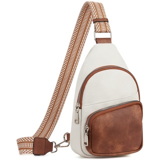 CLUCI Klein Brusttasche Damen Crossbody Bag, Sling Bag PU Leder für Damen und Herren, kleine Umhängetasche Sport,Bauchtasche Gürteltasche Breiter Gurt für Outdoor Reisen Weiß mit Braun