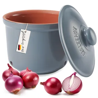Romertopf Zwiebeltopf MAXI 2,8 L Vorratstopf Keramik belüftet, Blau-Grau | Für Zwiebeln, Schalotten und Knoblauch, Belüftungsöffnungen gegen Schimmel, dunkel und luftig, spülmaschinenfest