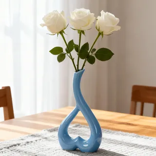 Arawat Keramik Vase Hellblau Herz Vasen Deko Wohnzimmer Modern Tulpenvase Blumenvase Tisch Deko Blumen Vase für Pampasgras Aesthetic Nordische Vasen Hochzeit Geschenk 26 cm Dekorative Hellblau