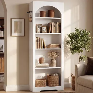 IRONCK Bücherregal, 5 Ebenen Standregal, 180 cm Hoch Rundbogen Bücherregal mit 2 Haken, Offenes Aufbewahrungsregal, Modern Design Wandregal für Wohnzimmer, Büro & Arbeitszimmer