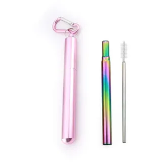 VOANZO Tragbare Wiederverwendbare Strohhalme, Teleskop-Trinkhalme aus Edelstahl, Metallstrohhalm mit Reinigungsbürste, Exquisite Reisetasche und Schlüsselbund (Regenbogen)