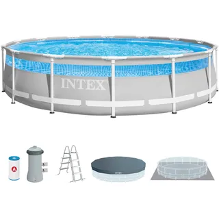 Intex 26722NP – Aufstellpool Prism Frame Clearview Rund, Filterpumpe 3785 L/h, Leiter, Bodenplane und Abdeckplane, 12706 L, Stahl und PVC, Grau, 427x107 cm