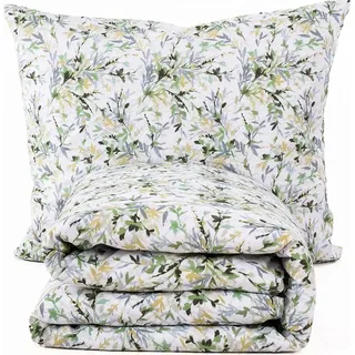 Bettwäsche Baumwolle Market, Sets 2 Teilig, Bettwäsche Baumwolle, Bettbezug 135x200 cm und 1 Kissenbezug 80x80 cm, Weiß und Grün, Blätter - Weiß