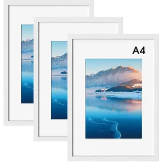 DTXDTech Bilderrahmen A4 3 Stück, 21x30 cm Weiß Holz A4 Fotorahmen, Rahmen mit Passepartout, Zertifikatrahmen für Wandhalterung, Tischdekoration