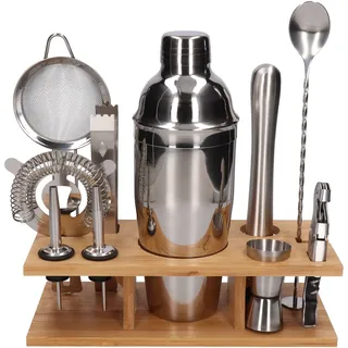 Whiskey Rocks 11-er Cocktail Shaker Set mit Bambusständer - Cocktail & Bar Zubehör - Paris Shaker 750 ml - Barkeeper Set - Bar Set - Cocktail Messbecher & Stößel - Barlöffel - Edelstahl - Silber