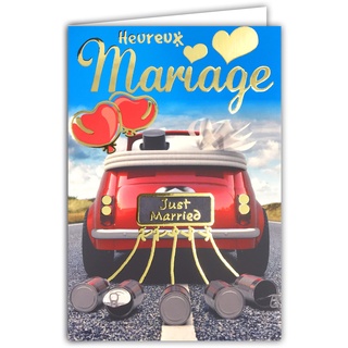 Glückwunschkarte Hochzeit mit Goldvergoldung Just Married Auto rot Cabrio Vive Braut Luftballons Herzen Gute Straße, Hochzeitsreise, hergestellt in Frankreich