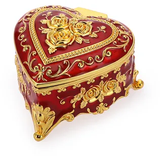 SUMTree Vintage Schmuckkästen mit Deckel aus Metall Rot mit Goldenblumeform Schmuckbox Schmuckkiste Schmuckkoffer für Ring Armband Ohrringe von Damen Geschenk für Weichnachten Geburtstag Herzförmig