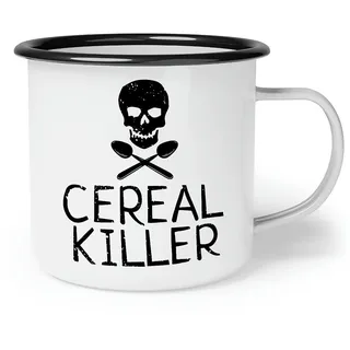 OM3® lustige Emaille-Tasse mit Spruch - Cereal Killer Totenkopf | Emailletasse Emaille Becher | 12oz 300ml | Beidseitig Bedruckt | Weiß-Schwarz