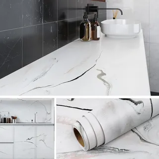 Livelynine Selbstklebende Tapete Marmoroptik Beige 40CMx10M Tapete Badezimmer Wasserfest Wand Schlafzimmer Selbstklebende Folie für Möbel Schrank Küchenrückwand Möbelfolie Weiß Muster Klebefolie Mamor