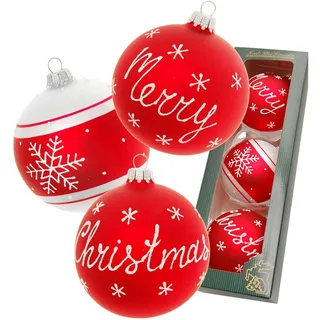 Krebs Glas Lauscha Weihnachtsdekoration/Christbaumschmuck aus Glas - Weihnachtskugeln - Motiv: Rot Merry Christmas - 3 Stück - Größe: ca. 8 cm