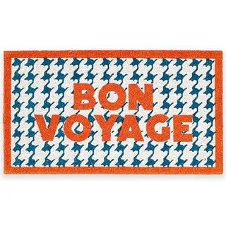 Fisura – Fußmatte “Bon Voyage” aus Kokosnuss mit Rutschfester PVC-Basis. Handbemalte Innenmatte in Blau. Türmatte mit lustigem Spruch. 70 cms x 40 cms.